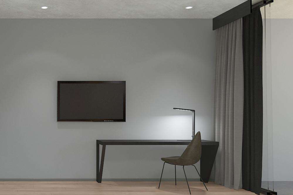 Crystalbrook Vincent Hotel Brisbane Kamer foto A room with a TV, a chair, a table, a curtain, and a lamp